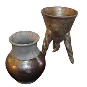 Pair Of Vintage Raku Pieces By Same Artist Vase 3 Legged Vessel Home Decor